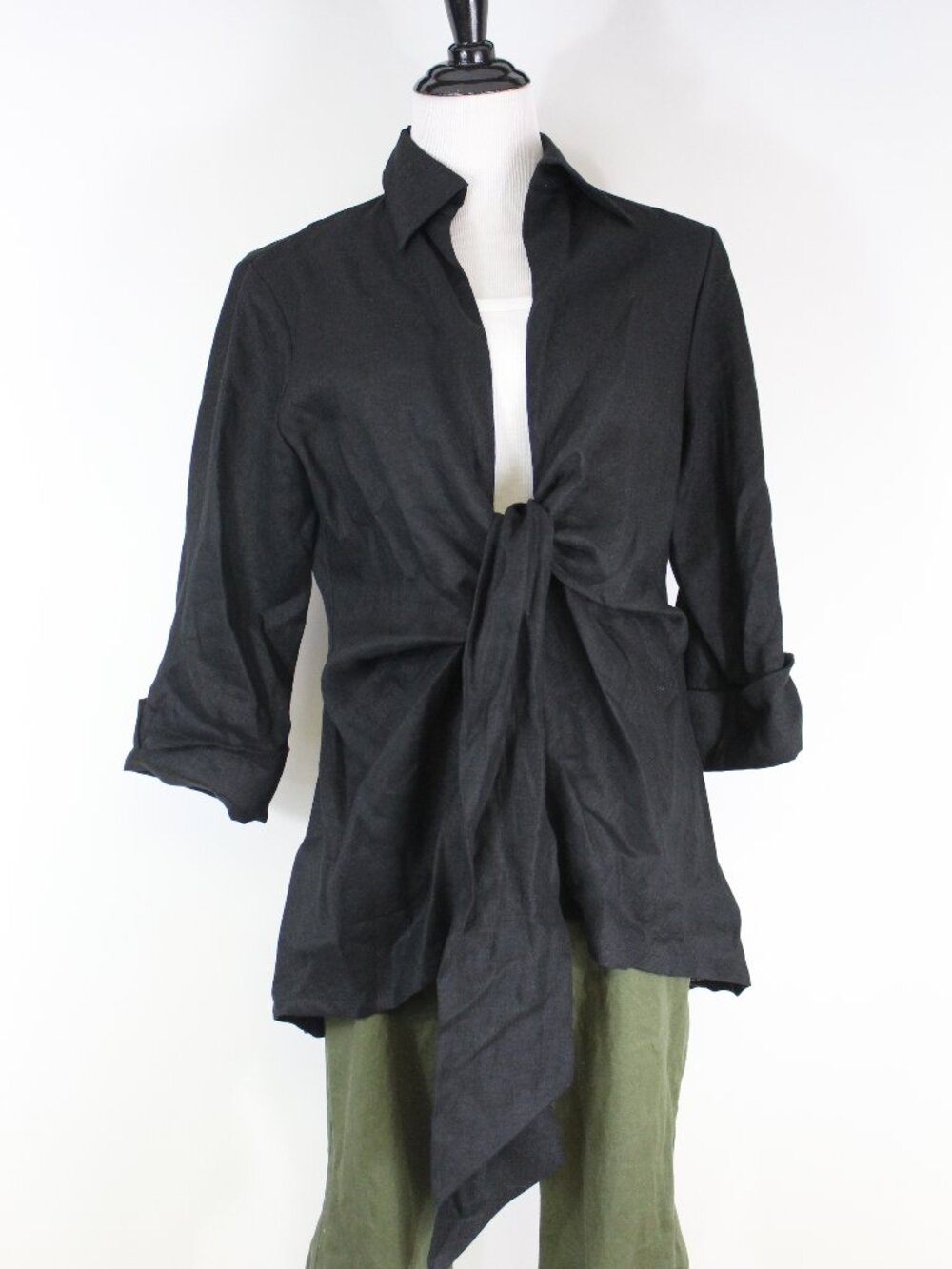 Dawn Bacchus Linen Tie Front Shirt S Black Quiet Luxury Coastal Chic